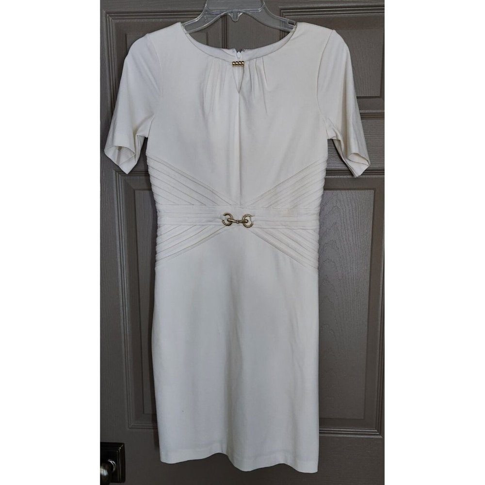 Ellen Tracy Dress Womens Sz 2 Ivory Short Sleeve Knee Length Sheath Work Office